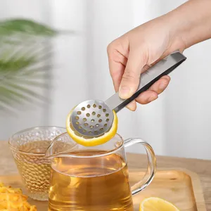 Stainless steel lemon clip and tea tong for kitchen use, multi-functional tool with filter holes.