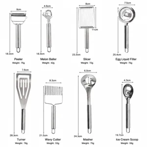 Set di utensili da cucina in acciaio inossidabile con pelapatate e separatore per uova.