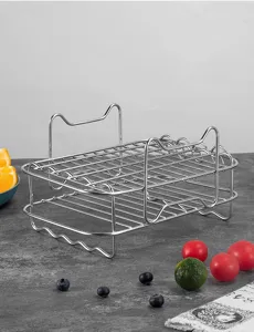 Stainless steel double layer steaming rack detail view, ideal for air fryer and oven baking.