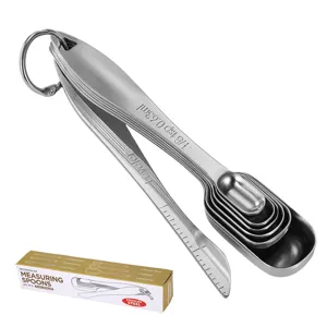 Stainless steel measuring spoons set with leveler, ideal for baking, cooking, kitchen tools.