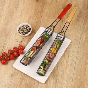Cesta de parrilla rodante de acero inoxidable BBQ malla cilindro verduras salchicha