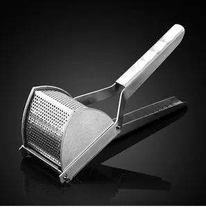 Stainless steel potato ricer detail, heavy duty food masher with ergonomic handle.