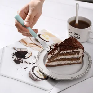 Edelstahl Obstgabel mit macaron grünem Griff, ideal für leckeren Kuchen und süße Desserts.