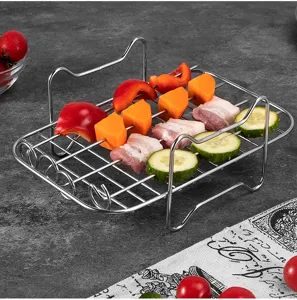 Stainless steel double layer air fryer rack with skewers detail view, durable kitchen cooking tool.