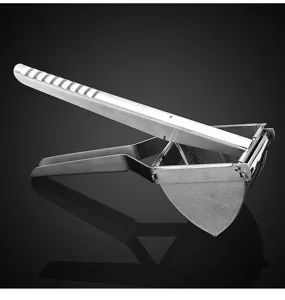 Stainless steel potato ricer detail view, manual kitchen tool for mashed potatoes and fruit juice.