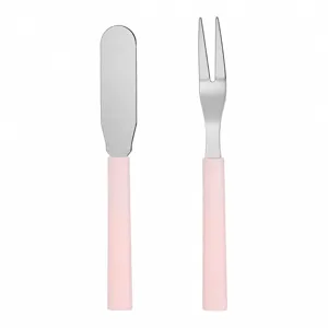 Edelstahl ButterMesser und Obstgabel Set mit pastellrosa Griffen für Kuchen und Desserts.