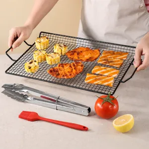 Outdoor BBQ grilling wire rack cooling tray set with non-stick mesh for outdoor cooking.