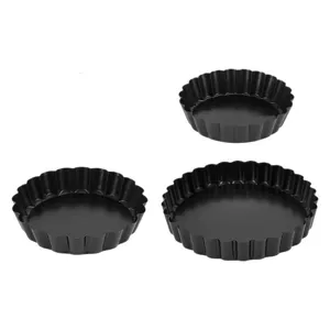 Set of 3 black non-stick fluted tart pans, carbon steel pie and quiche molds for baking.