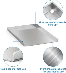 Piastra per grill in acciaio inox per barbecue all'aperto con canale per grasso e bordi sicuri.
