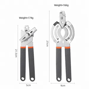 Set apriscatole e apribarattoli multifunzionale in acciaio inox con manico antiscivolo.