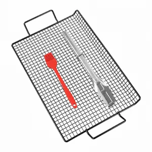 Stainless steel BBQ grill basket set with cooling rack, silicone brush and tongs for outdoor.
