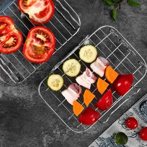 Stainless steel air fryer rack with skewers double layer wire mesh food steaming basket.