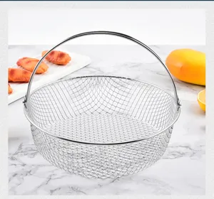 Stainless steel air fryer basket wire mesh steamer rack with handle for kitchen cooking.