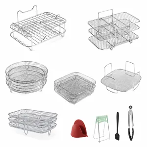 Accesorios para Freidora de Aire Rejilla de Deshidratación Acero Inoxidable Redonda Tres Capas Apilable Horno Alimentos Fruta Deshidratador Rejilla