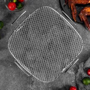 Square stainless steel air fryer rack dehydrator mesh with handles for kitchen cooking.