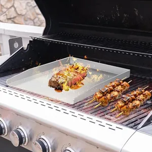 Dettaglio piastra grill in acciaio inox per barbecue con bistecca e spiedini di carne.