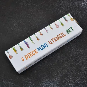 Mini baking utensils set box detail shot, displaying 5 piece mini kitchen tools and packaging design.