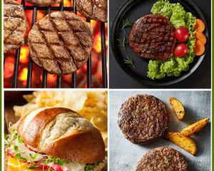 Delicious grilled burger patties and food presentation for kitchen hamburger press tool detail view.