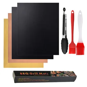 Antihaft BBQ Grillmatten Set mit Silikonpinseln und Zange, hitzebeständige Backmatten.