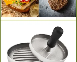 Detailed view of aluminum hamburger press with non-slip handle for homemade burger patties.
