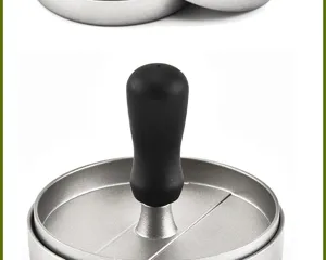 Detail shot of the metal hamburger press with black handle, perfect for kitchen patty making.