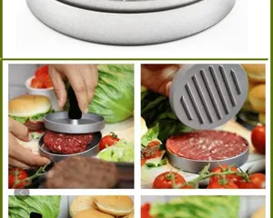 Detail view of metal burger press showing ribbed bottom and meat patty preparation in kitchen.