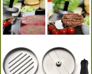 Hamburger press detail view showing the metal mold components and handles clearly.