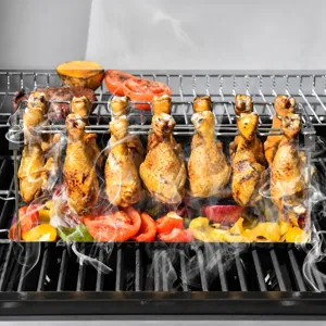 Stainless steel foldable chicken leg roasting rack for BBQ grill, oven and smoker use.