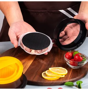Plastic burger press patty maker mold for kitchen cooking, kitchen tool detail view showing parts.
