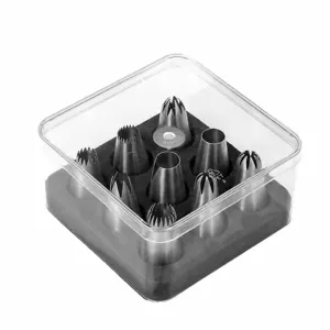 304 Edelstahl Spritzbeutel Tuelle Set 9 Stueck mit transparenter Box und Schaumstoff.