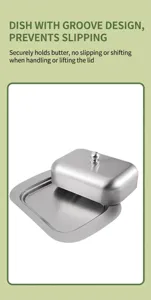 Rvs botervloot detailweergave, met antislip groefontwerp en handig dekselhandvat voor kaas en boter.