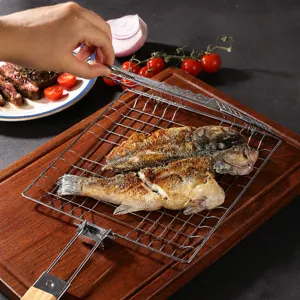 Stainless steel grill basket for BBQ, foldable wooden handle fish grilling net tool for outdoor cooking.