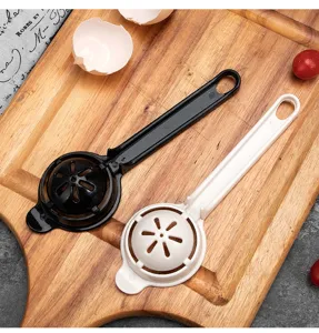 Long handle egg white separator tool with hollow flower design, durable kitchen baking accessory.