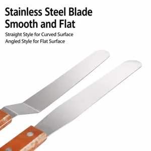 Stainless steel cake spatula set with wooden handle for smooth icing and baking decoration.