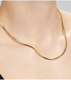 Detailaufnahme einer eleganten goldenen Schlangenkette am zarten Hals der Trägerin.