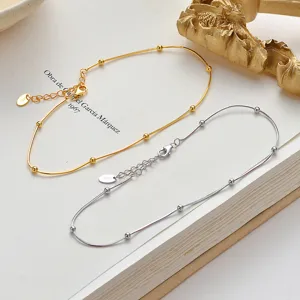 S925 sterling silver snake bone chain anklet with beads, elegant minimalist foot jewelry.