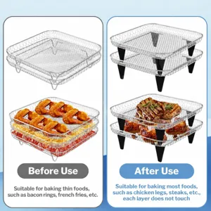 Stainless steel square air fryer rack stackable wire mesh baskets with upgraded feet.