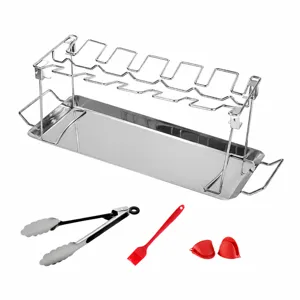 Soporte de acero inoxidable para muslos de pollo con bandeja y juego de herramientas de barbacoa.