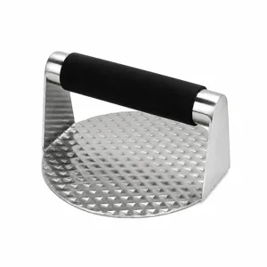 Stainless steel burger press with non-slip handle, round meat patty maker for kitchen.