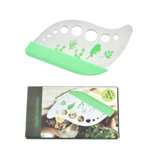 Stainless steel herb stripper tool with 9 holes and green silicone handle for kitchen cooking.