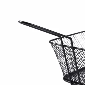 Stainless steel french fry frying basket with curved long handle for kitchen use.
