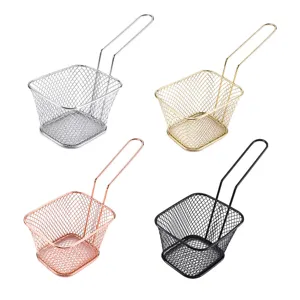 Stainless steel mini fry baskets set, square mesh food presentation baskets with handles for chips.