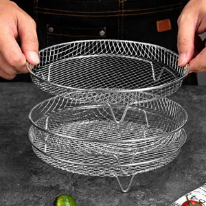 Parrillas de malla apilables de 3 niveles en acero inoxidable para freidora de aire.