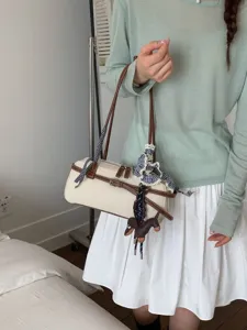 Chic women's contrast color shoulder boston bag with stylish checkered ribbon and cute puppy charm.