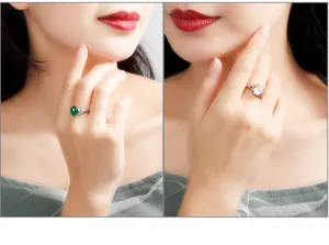 Nahaufnahme Detailansicht vintage S925 Silberringe mit grünem Achat und weißem Chalcedon.