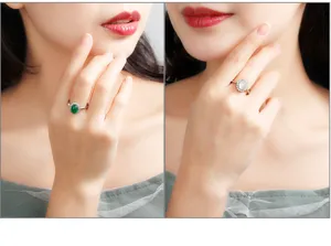 Nahaufnahme der exquisiten S925 Sterling Silber ovalen Edelsteinringe elegant getragen.