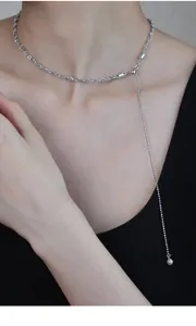 S925 Sterling Silver Italian Woven Bead Necklace Long Tassel Choker Clavicle Chain