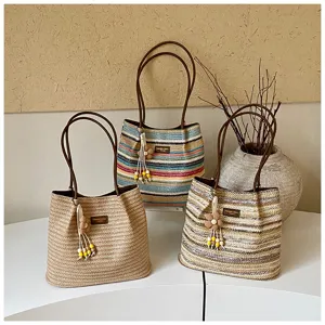 Stro geweven shopper tas casual schouder emmer tas stijlvolle gekleurde gestreepte handtas zomer