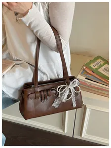 Sac a main vintage marron pour femme, sac d'epaule chic en cuir PU avec noeud de perles.