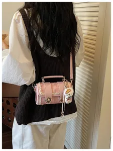 Pink plaid boston bag for women, chic lace trim top handle shoulder crossbody bag